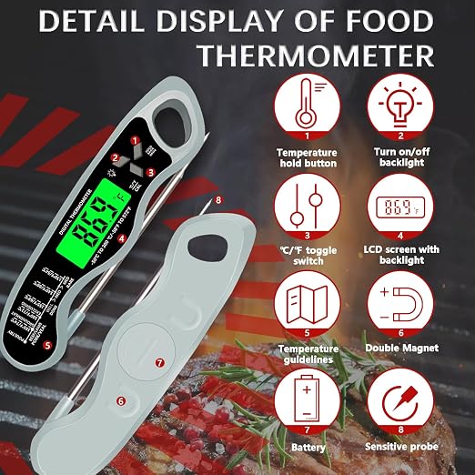 Cooking Thermometer，IP67 Waterproof Meat Thermometer Digital | Backlight，Magnetic attraction，Hold Function，Instant Read，LED screen，for Cooking,Outdoor Grilling