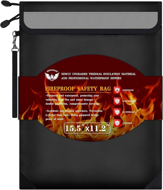 Fireproof Document Bag 15.5"x11.2", Dual Zipper Pockets, Waterproof Fire Resistant Safe for Legal & A4 Size Papers, Important Document & Money Organizer for Home Office & Travel