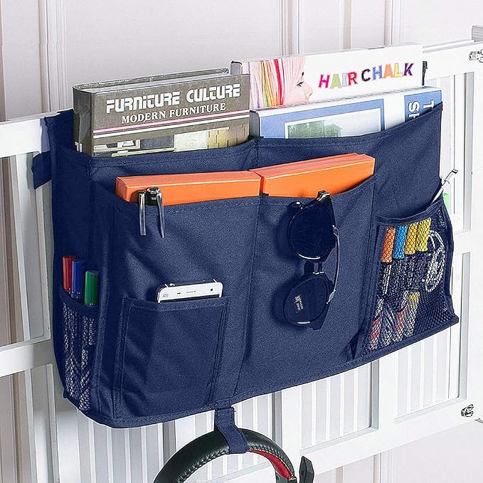 Bunk Bed Organizer, Bedside Storage Caddy, Hanging Pocket for Camp, Dorm Room, Hospital Bed Rail and More (Navy Blue)