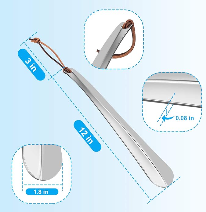 Shoe Horn Long 12 Inch, Premium Stainless Steel Shoehorn, Shoe Helper for Seniors, Shoe Horns for Pregnant Woman, Long Handle Shoe Horns for Men, Metal Shoe Horn for Kids or Adults