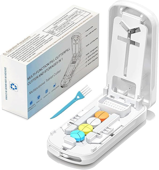 Betife Pill Cutter Splitter for Small & Tiny Pills, Precise 1/2 1/3 1/4 Tablet Cutter with Adjustable Centering, Portable Pill Splitter with Safety Guard & Built-in Storage