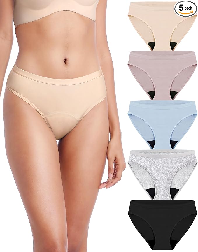 AIRCUTE Washable Leak Proof Incontinence Underwear for Women Absorbency Bladder Control Briefs 70ML,5 Pack (XL,5 Colors)