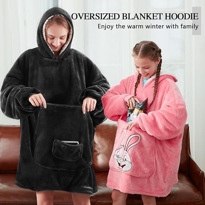 JOYWOO Black Foldable Wearable Blanket Hoodie,Oversized Cat Lovers Sweatshirt Blanket for Adult,Birthday Gifts for Men,Father,Boy,Cozy Fuzzy Sherpa Hooded Blanket with Giant Pocket and Winter Gifts