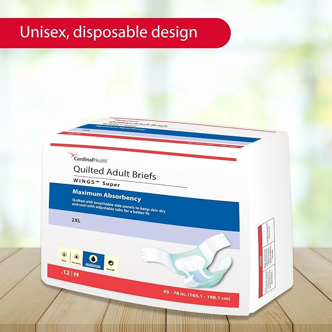 Cardinal Health™ Quilted Adult Briefs, Wings™ Super with BreatheEasy™ Technology, Maximum Absorbency, XX-Large, Bag of 12 | Disposable Incontinence Briefs, Refastenable Tabs, Heavy Absorbency, 2XL