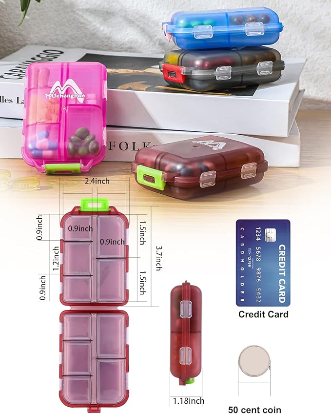 4PS Travel Pill Organizer with 164 Slice Labels，10 Compartments Travel Pill Box Portable Folding Small Pill Case Daily Pill Container Used for Carry Storage Medicine Organizer By M MUchengbao (Pink)