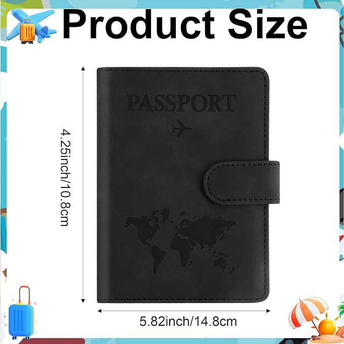 Passport Holder for Travel Essentials, Black Leather Passport Cover, Passport Wallet Holders for Women Men Family Travel Gifts Must Have Accessories, Credit Card Cash Air Ticket Storage Supplies