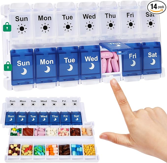 Shintop Weekly Pill Organizer 2 Times a Day, Easy Fill Am Pm Pill Box | Easy-Open Buttons, Quick-Fill Removable Top, Large Compartments, BPA-Free PP, Silicone Hinges, Senior- and Arthritis-Friendly