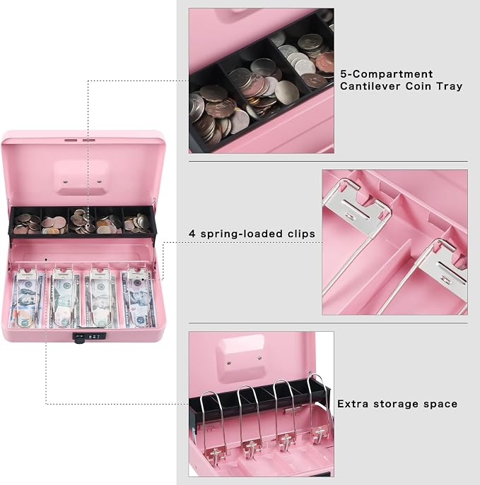 xydled Cash Box with Money Tray and Combination Lock,Tiered, Cantilever Design,4 Bill / 5 Coin Slots,11.8" x 9.5" x 3.5",Pink