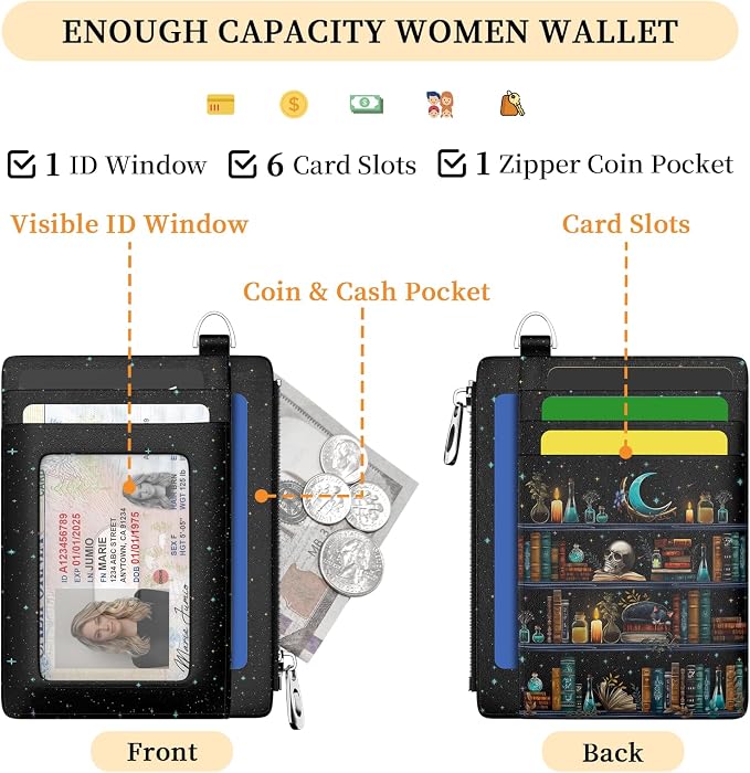 Hancynir Goth Book Skull Small Wallet Women Credit Card Holder RFID Slim | Zipper Pocket Wallet, Thin Travel Coin Purse, Ladies Women Gifts, Gothic Card Case, 6 Card Slots, ID Window, PU Leather