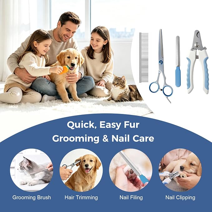 11 Piece Dog Grooming Kit - Hair, Nail, Massage Bath Supplies For Pets Cats | slicker dog brush for shedding，comb, undercoat rake, nail clipper tool, towel, scrubber gloves, scissors, all in one fur care