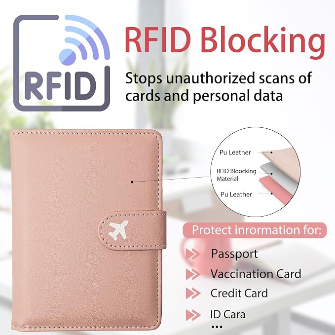 Passport Holder, Cute Travel Wallet Cover with RFID Blocking,Pink | PU leather travel wallet with magnetic closure, card slots, pen loop, and easy access for passports and essentials.