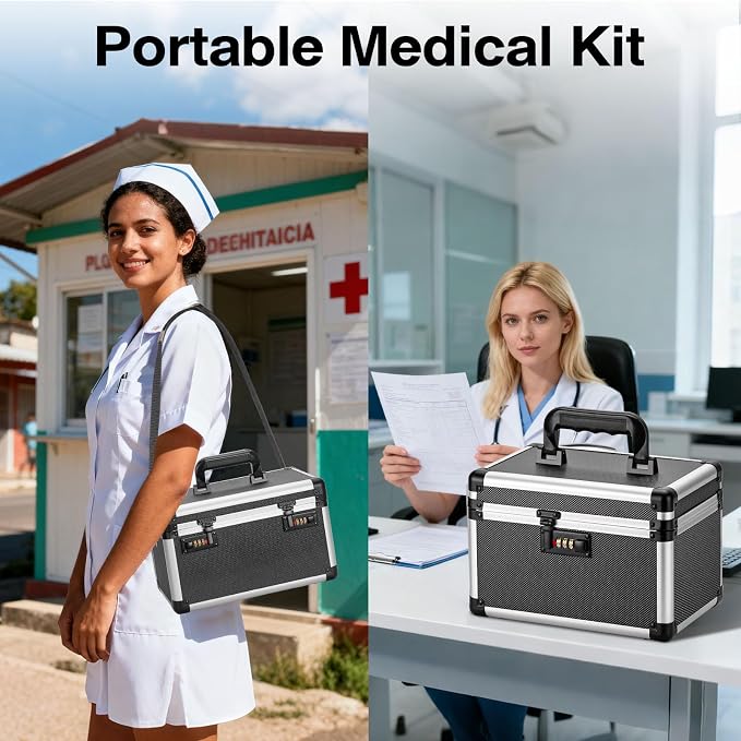 Medicine Box with Combination Lock - 13.4"x7.6"x8.2" First Aid Safe Medication Storage Case, Personal Items Safe Case for Hospital & Home & Outdoor 【Tactical Black,No Tray】