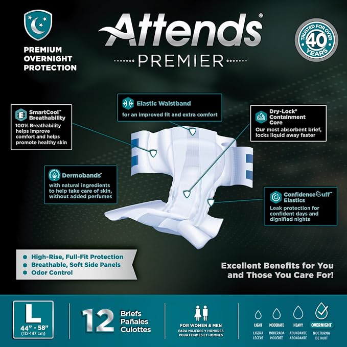 Attends Premier Adult Disposable SmartCool® Briefs, Large, 44-58" High-Rise Waist Tab Closure, Premium Overnight Dry-Lock Protection, Odor Control, 48ct Case