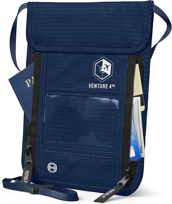 VENTURE 4TH Travel Neck Wallet, RFID Blocking Passport Holder - Navy Blue