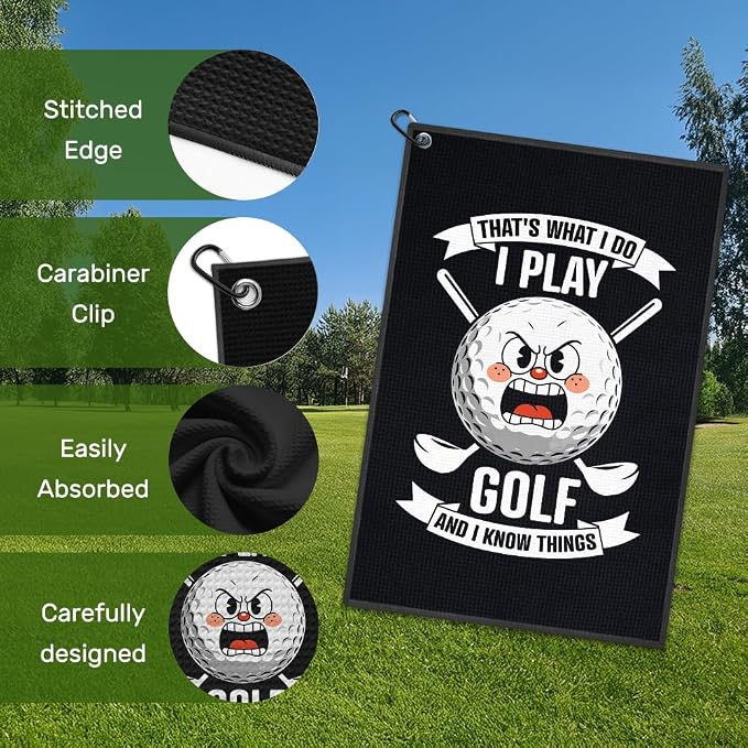 I Play Golf And I Know Things Golf Towel with Clip, Funny Golfing Accessories for Men Women, Birthday Retirement Gifts for Golfer Sport Lover, Golfing Gifts for Friend Dad Mom Grandpa