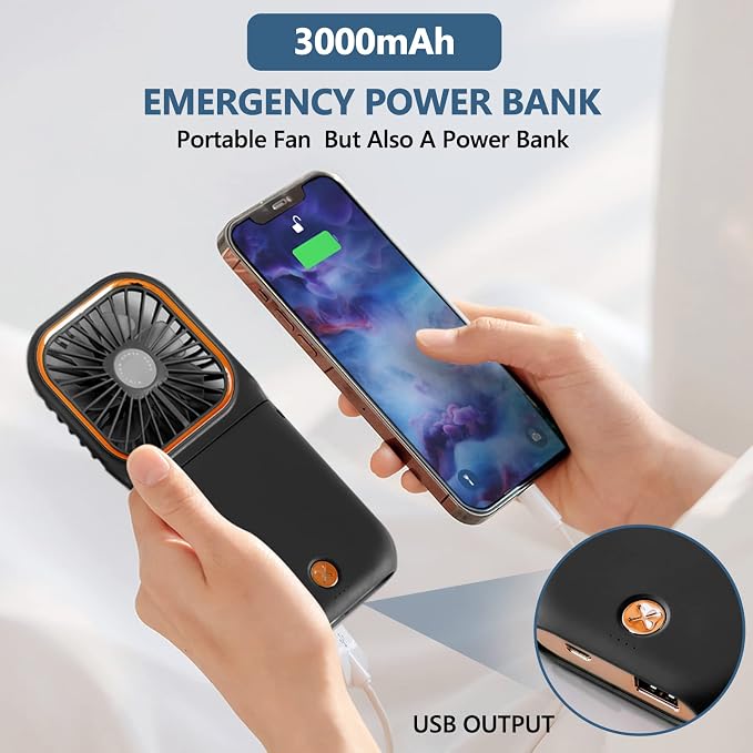 Portable Handheld Fan with Phone Holder, 3000mAh Power Supply USB Rechargeable Neck Fan, Foldable Small Fan 0-180° Adjustable, Ultra Quiet Personal Cooling Fan for Travel Office Home