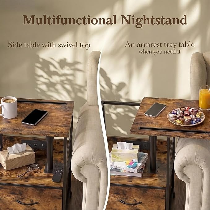 Faesun Swivel Lift Top Nightstand with Charging Station, Rolling Side Table for Recliner, Bedside Table with Wheels & a Fabric Drawer, for Small Spaces, for Bedroom, Living Room, Brown