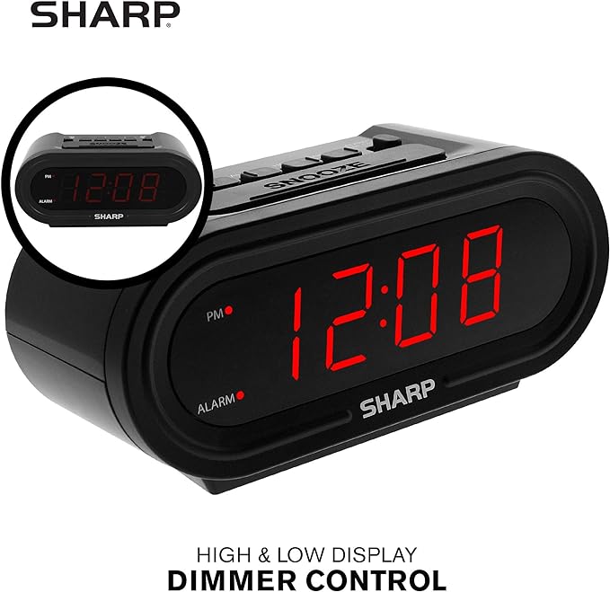 Sharp AccuSet Automatic Smart Alarm Clock – Self-Setting Digital Clock, Auto Time & DST Adjustment, Easy-Read Red LED Display, Battery Backup, Simple Plug-and-Play Clock for Seniors & Bedrooms