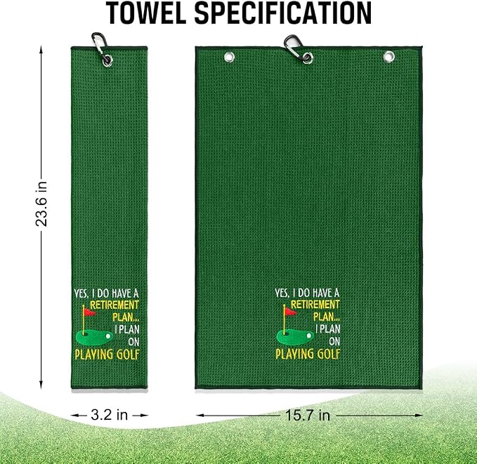 ERHACHAIJIA Yes I'd Have A Retirement Plan Embroidered Golf Towel for Men | Funny Golf Accessories Gifts for Men Women Golfer Grandma Grandpa Mom Dad, Father's Day Retirement Gifts, With Carabiner Clip