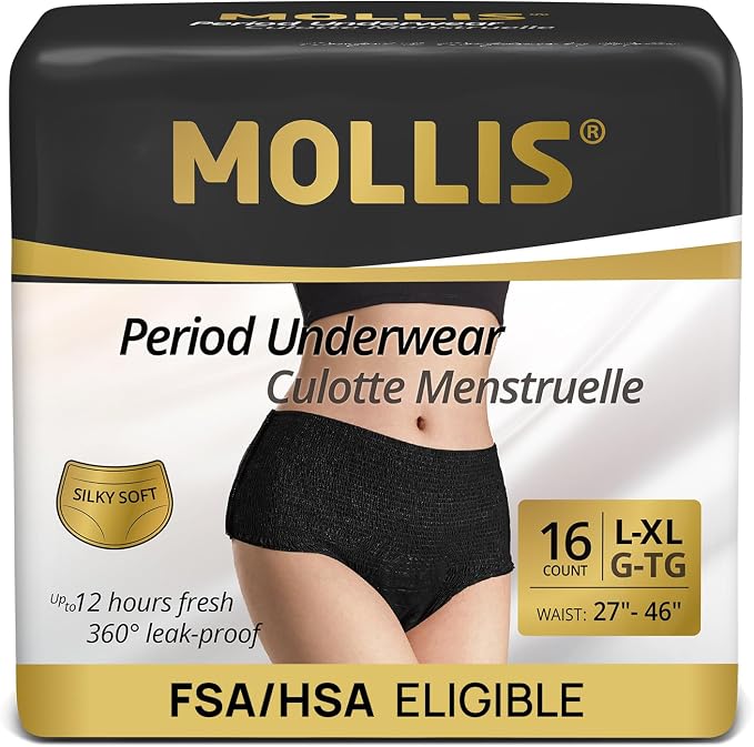 MOLLIS Disposable Period Underwear, Postpartum Panties, L/XL, Black, 16Ct | Heavy Flow Period Underwear, Superior Absorbency, Leak Proof Design, Maternity Knickers, Soft Comfort Fit, Unscented