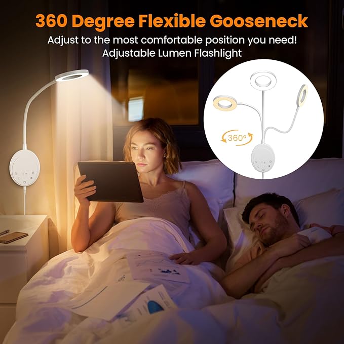 Wall Mounted Reading Light,Headboard Reading Lamp with 5 Color Temperature &5 Dimming,360°Flexible Gooseneck,USB Output, Night Light&Timer Function- Perfect for Reading in Bed (White 2 PCS)