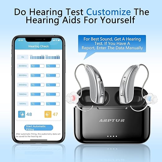 Rechargeable Bluetooth Hearing Aids for Seniors - APP Controlled, Noise Cancelling, Wireless Music Streaming, Hands-Free Phone Calls, OTC Hearing Devices (Silver Bluish Clip)