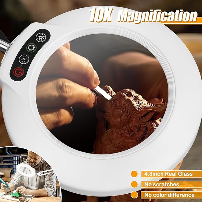 10XMagnifying Glass with Light and Stand (No Acrylic Lens), 2-in-1 Lighted Magnifier with Clamp, 5 Color Modes Dimmable LED Desk Lamp Hands Free for Painting Craft Sewing Hobby Close Work White