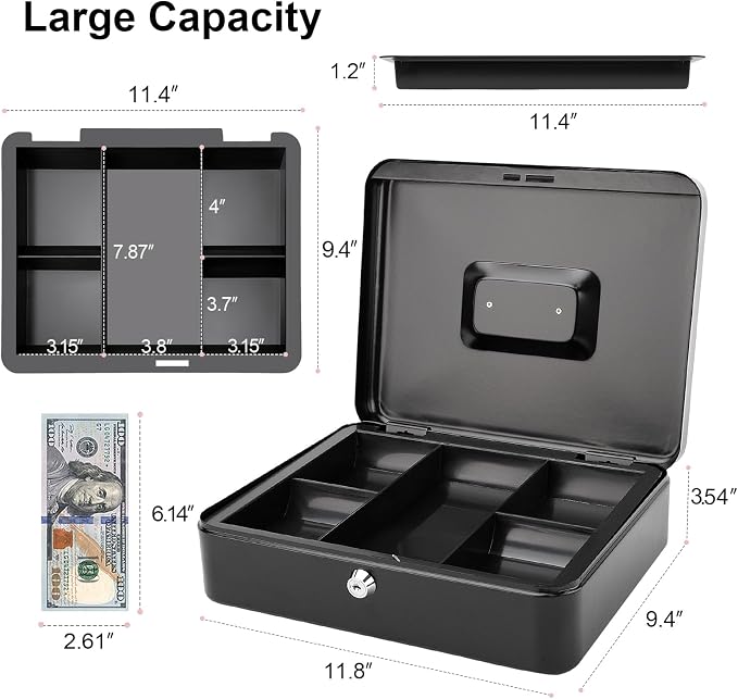 Jssmst Large Cash Box with Key Lock - Durable Metal Cash Box with Money Tray, 11.81 x 9.84 x 3.46 inches (X-Large, Black)