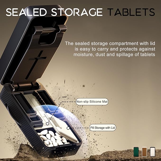 Pill Cutter - 1/4 & 1/2 Pill Splitter for Small Tiny Large Pills Professional | Hidden Blade & Sealed Storage | Adjustable & Cuts Multiple Tablets | Includes Cleaning Brush (Brown)