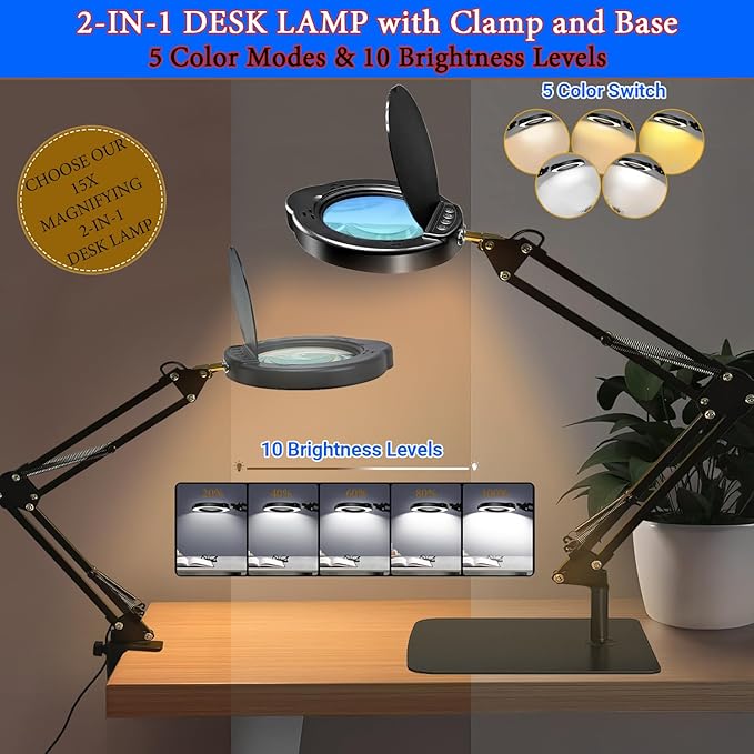 15X Magnifying Glass Desk Lamp with Clamp and Base, Real Glass Lens, 84 LEDs, 5 Color Modes Dimmable, Led Lamp Magnifier with Dust Cover, Clean Cloth, Ideal Gift for Seniors, Crafters, Hobbyists