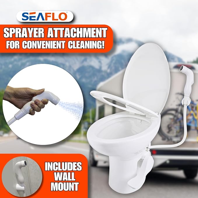 SEAFLO Porcelain RV Toilet with Sprayer Attachment - Elongated Bowl 19” Inch Residential Height, Gravity Flush, Foot Pedal Soft Close Seat Camper Motorhome Easy Install 4 -year Warranty SFRTCH-02-02
