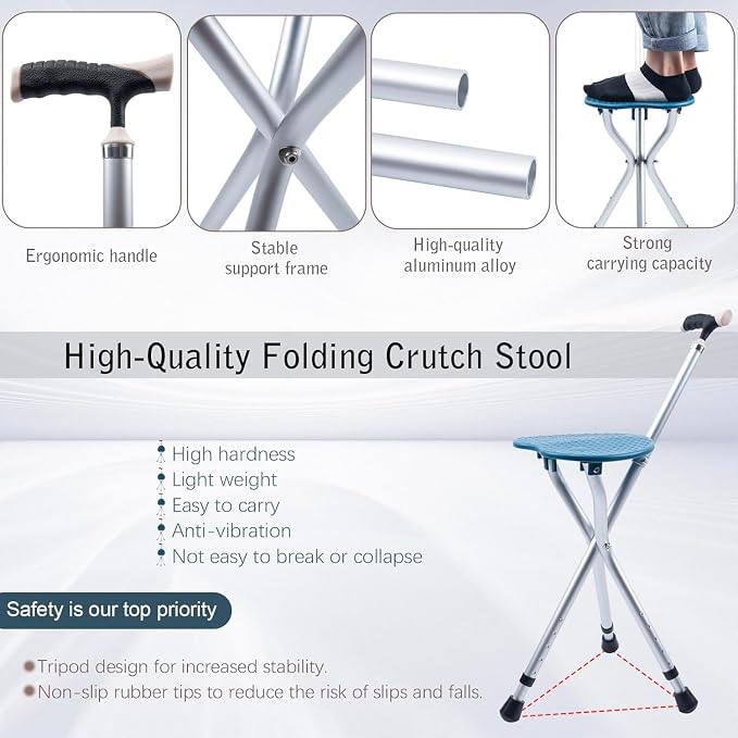 Walking Cane with Seat Cane Chair Foldable Walking Stick with Seat, Adjustable Cane Stool for Seniors Elderly, Lightweight Aluminum, Easy Carry (Blue)