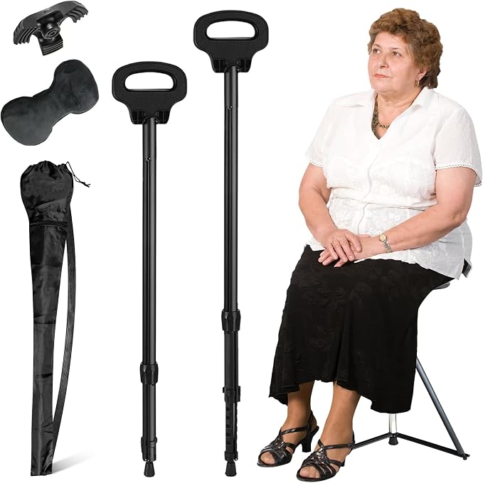 Walking Cane with Seat, Cane Chair with Cushion Folding Lightweight Portable Seat for Adults Seniors Camping Hiking Travelling
