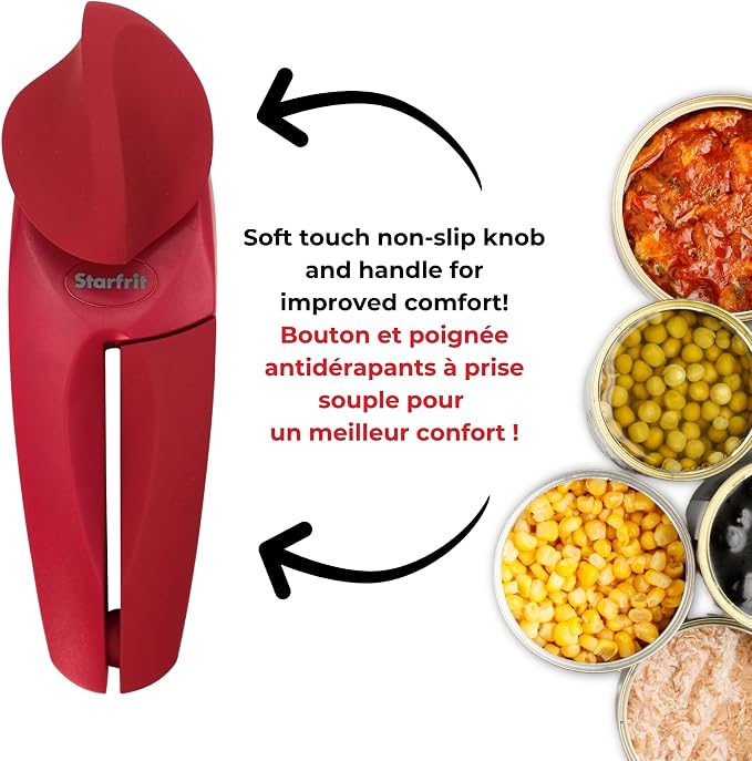 Starfrit MightiCan Can Opener, Safe Smooth-Cut, Comfort Grip, Blue | Safe can opener. Holds lid after cutting. No sharp edges. Comfort grip. Non-slip knob. 3-year warranty.