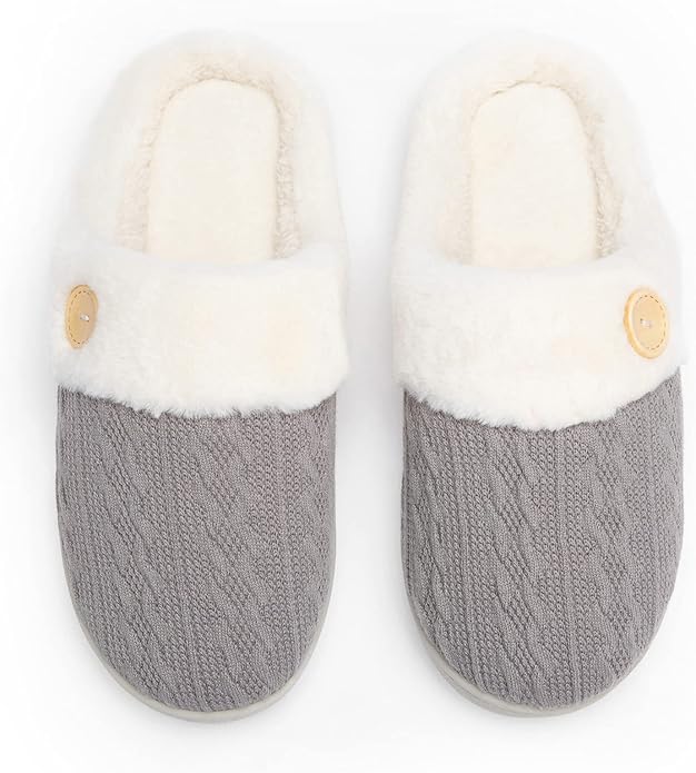 Chantomoo Womens Slipper Warm Comfy Memory Foam House Slippers Knitted Shoes Faux Fur Lined Anti-Skid Rubber Sole Bedroom Cozy Indoor Outdoor Slippers