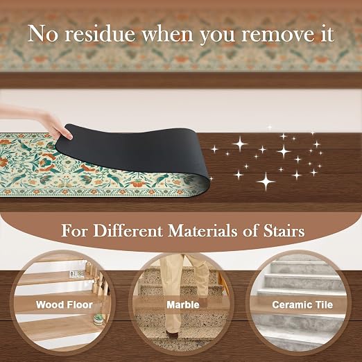 OJIA Non-Slip Stair Treads Stair Runner for Wooden Steps Indoor 15PC 30"x8" | Floral Carpet Stair Treads Stair Mats Staircase Step Treads for Kids, Elders and Dogs, Stair Covers, Beige