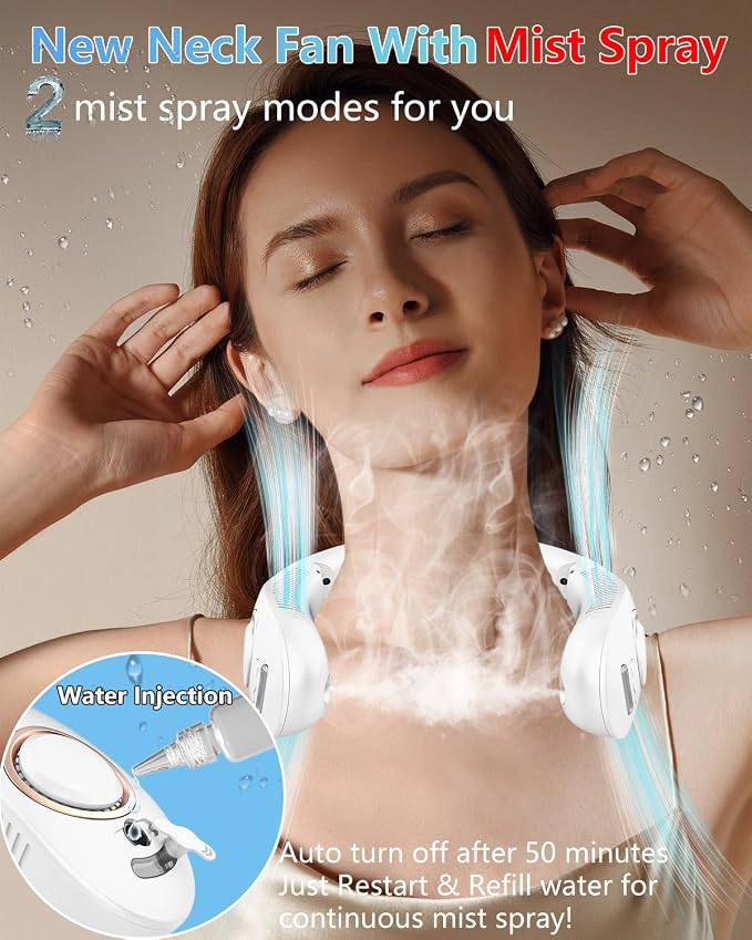 Neck Fans that Blow Cold Air,Misting Neck Fan Rechargeable Battery Powered,Foldable Leafless Hands Free USB Chargable Cooler,Slient Mini Head Unit Water Mister Sprays for Travel Camping Outdoor White