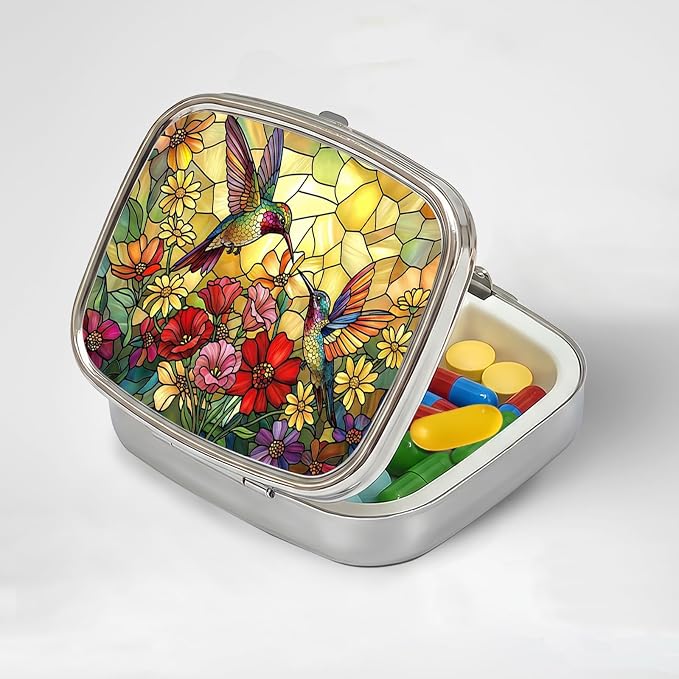LRITER Pill Case, 2 Compartment Portable Small Travel Pill Organizer for Purse and Pocket, Stylish Medicine Case with Multiple Patterns, Daily Pillbox for Home & Travel (Flowers and Birds)