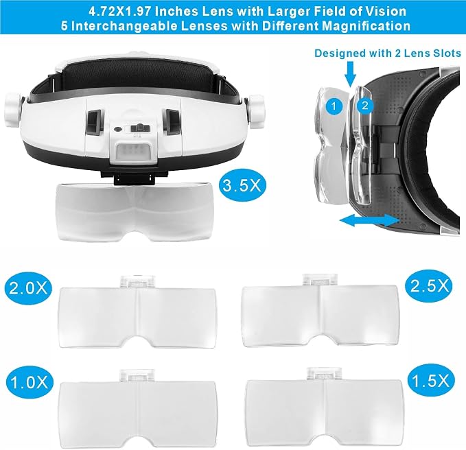 Large Lens Head Magnifier Headband Magnifying Glass with Light Hands free 8 LED Magnifier with White and Yellow Light for Close Work, Crafts, Hobby, Reading, Repairing, Sewing, Jewelry