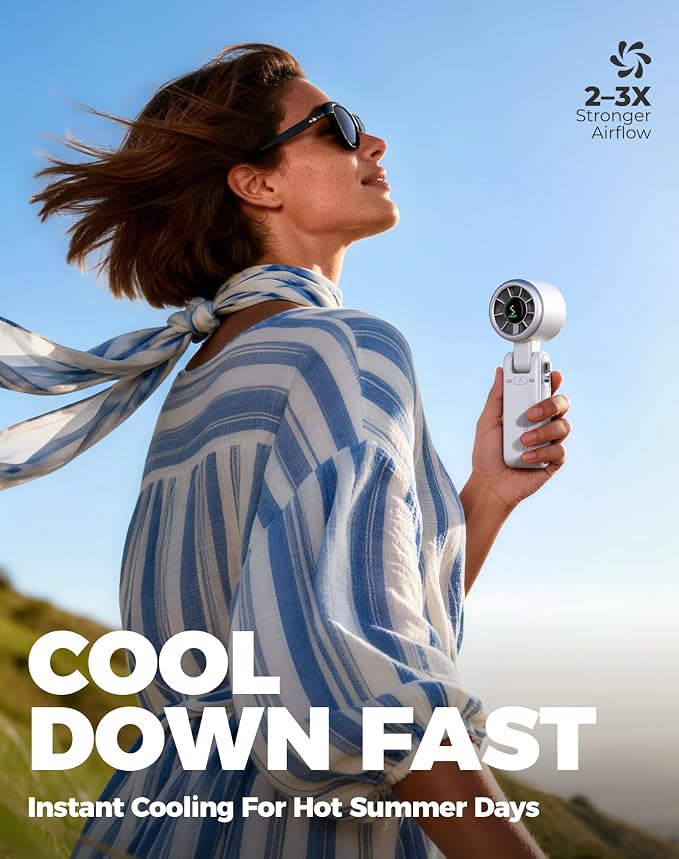 Diveblues Portable Handheld Turbo Fan, 5 Gear Wind, Battery Operated, Up to 12 Working Hours, 3 IN 1 Hand Fan with Air Turbo Tech Cooling Fan for Outdoor Activities, Travel, Working, Silvery white