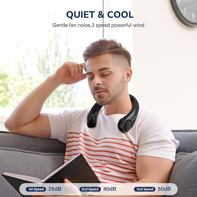Portable Neck Fan Rechargeable, Personal Neck Cooling Fan, Hands Free Bladeless Fan, Ultra Quiet, 3 Speeds Adjustable Strong Wind, 4000 mAh Battery Operated, Gifts for Men Women Mom Dad, Small