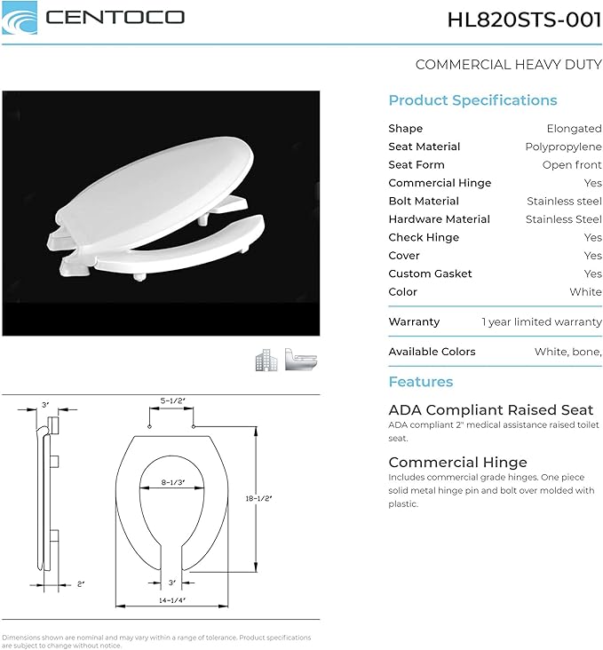 Centoco 2 inch Raised Toilet Seat for Seniors, Elongated, Open Front, White | Open Front with Cover, Plastic, Made in the USA, HL820STS-001
