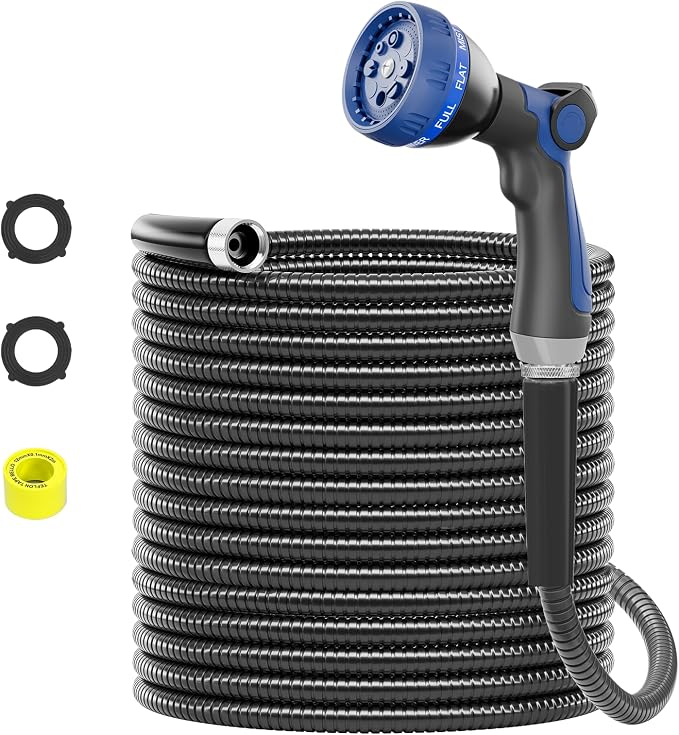 SPECILITE 25ft 304 Stainless Steel Metal Garden Hose with Nozzle (Black) | Puncture Resistant, Flexible, Never Kink & Tangle, Heavy Duty Water Pipe for Yard, Outdoor, Lawn