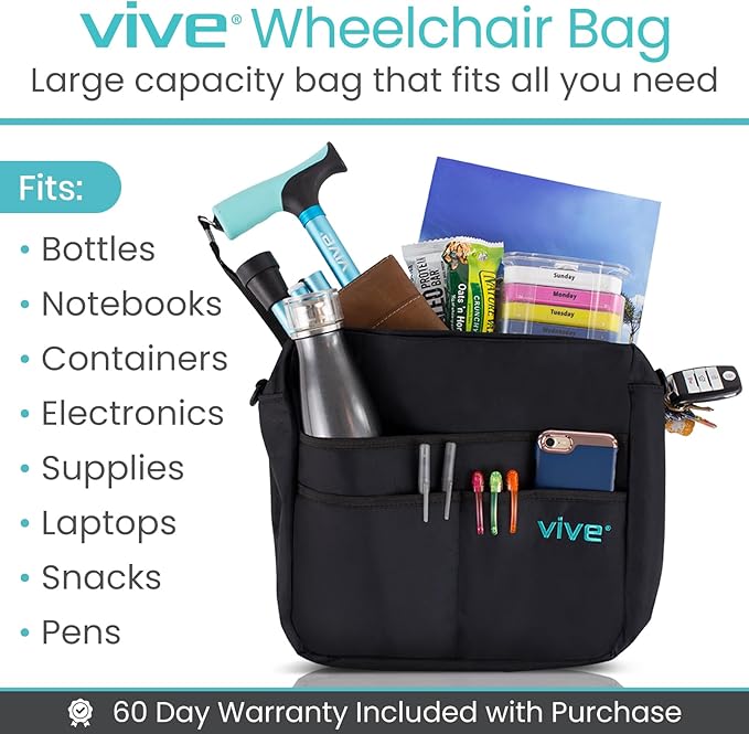 Vive Wheelchair Bag - Machine Washable, Double-Stitched, Water-Resistant Accessory Backpack for Rollators, Wheel Chairs, Walkers - Pouch with XL Pockets & Straps for Quick Installation
