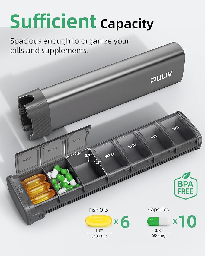 PULIV Metal Weekly Pill Organizer with Sturdy & Sleek Aluminum Alloy Case, Pill Case with Triple Protection Against Spilling, Compact Travel Pill Box 7 Day for Vitamins, Fish Oils, Supplements, Gray