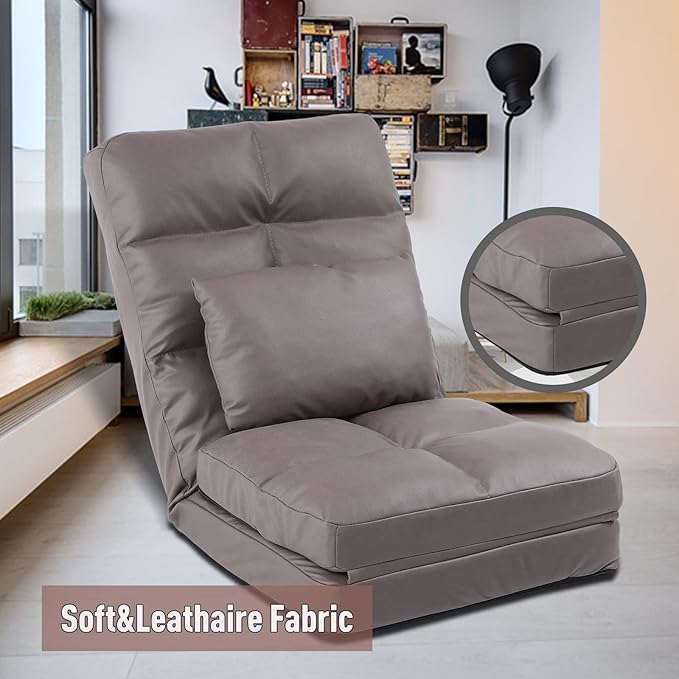 Indoor Chaise Lounge Sofa, Floor Chair with Back Support for Adults, 14 Angle Adjustment Recliner Chair, Folding Floor Lounger with Pillow 8823(Brown-1)