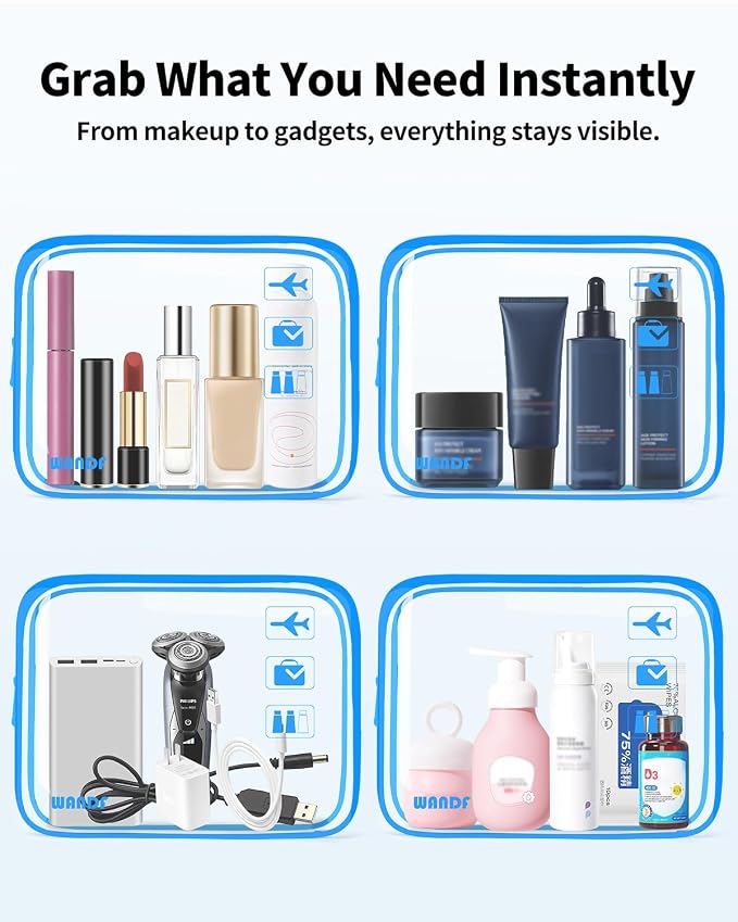 WANDF TSA Approved Toiletry Bag, 2 Pack Clear Makeup Bag | Quart Size, Airport Carry-On, TSA Liquids Travel Bag, Clear PVC, Women Men Travel Essentials