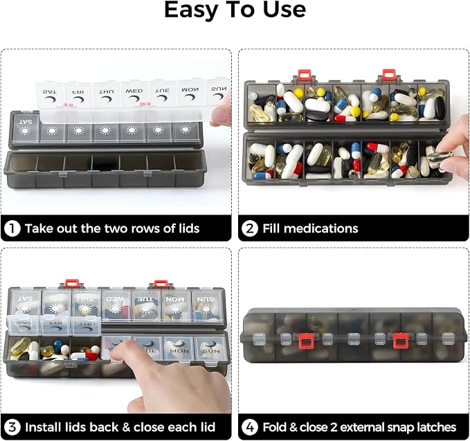 Foldable Pill Organizer Weekly 2 Times a Day, 7 Day Portable AM PM Travel Pill Case with Black&White Labels, Dual-Protection Daily Medicine Box, Large Pill Container for Vitamin/Supplement-Clear Black