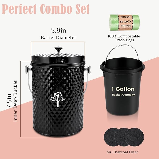 Countertop Compost Bin, Odor-Free Food Waste Container with 50 Bags | 1 Gallon Container,2 Carbon Filters,Compost Bucket, coffee grounds