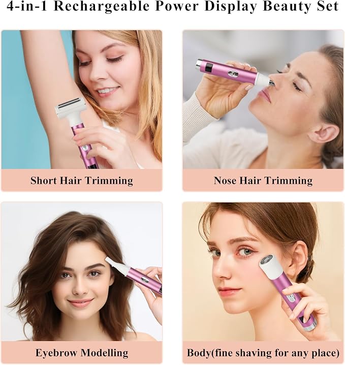 Wet & Dry Electric Razor for Women Men,4 in 1 Rechargeable Led Display Electric Shaver and Facial Hair Remover,Painless Ladies Body Razors for Nose Face Body Leg Bikini Arm Hair (White & Pink)